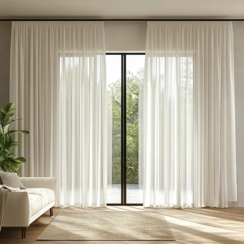 Sheer curtains Dubai in modern living room with wall to wall carpet Dubai and luxury carpet interior décor.